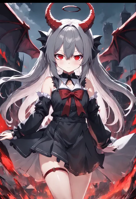 Dull hair, gray hair，Red eyes，long whitr hair，demonic horns，Broken maid outfit，Girl body type，Very cute，There are tears in the eyes，There are demon wings behind it，There was a little blood on his body，8K，No missing hands，Look into the camera，Empty eyes，Dyn...