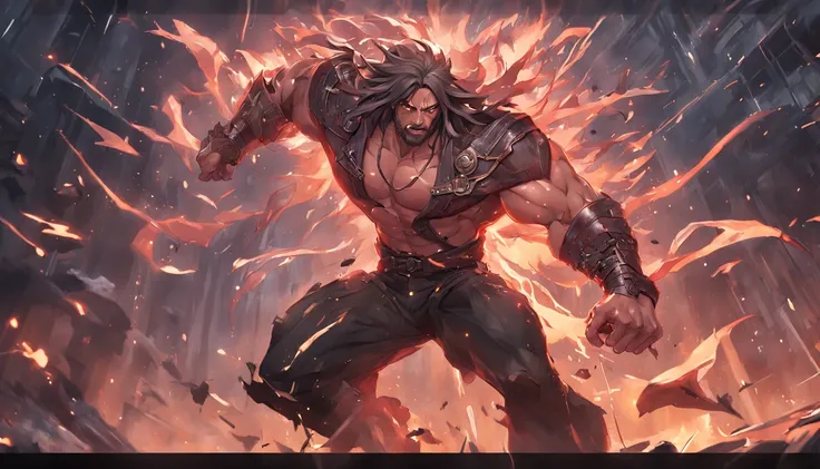 most beautiful artwork photo in the world，Features soft and shiny male heroes, ((Epic hero fantasy muscle man rough wet hero angry look long hair short beard and ferocious expression in dynamic pose, Fantastic location, Majestic cluttered environment)), fu...