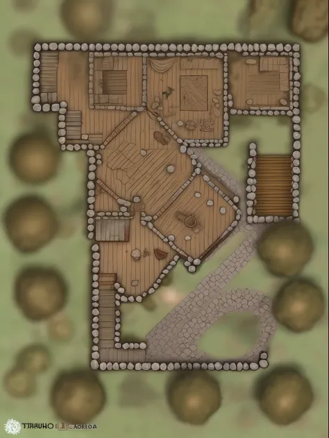 2d dnd mapa de batalha, uma masmorra sombria com tochas iluminando o local, sujeira, moveis velhos, itens quebrados