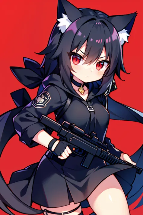 Black hair, Cat ears, Cat girl, Red eyes, commando，holding gun