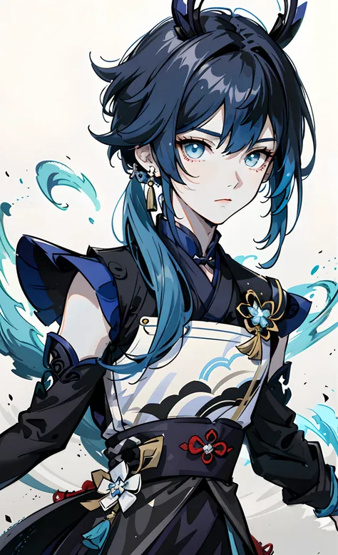 Anime - stylistic image of a man with blue hair and black and white clothing, a character portrait inspired by Bian Shoumin, Trend of CGsociety, shin hanga, Keqing from Genshin Impact, zhongli from genshin impact, Genshin, Genshin impacts character, Genshi...