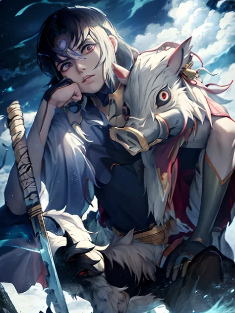 anime guy with a white dog and a sword in his hand,  standing on a rock, studio ghibly style mononoke, mononoke, by kamagurka, a...