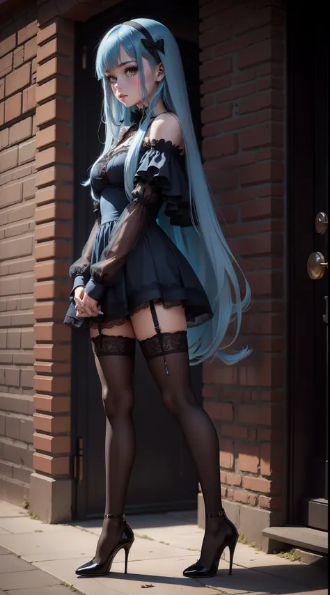 Emo girl with long blue hair in a lacy tight and short dress, with knee-high heels, full body