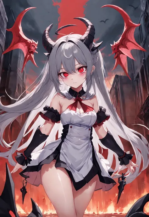 Dull hair, gray hair，Red eyes，long whitr hair，demonic horns，Broken maid outfit，Adult body type，The breasts are very full，Very cute，There are tears in the eyes，There are demon wings behind it，There was a little blood on his body，8K，No missing hands，Look int...