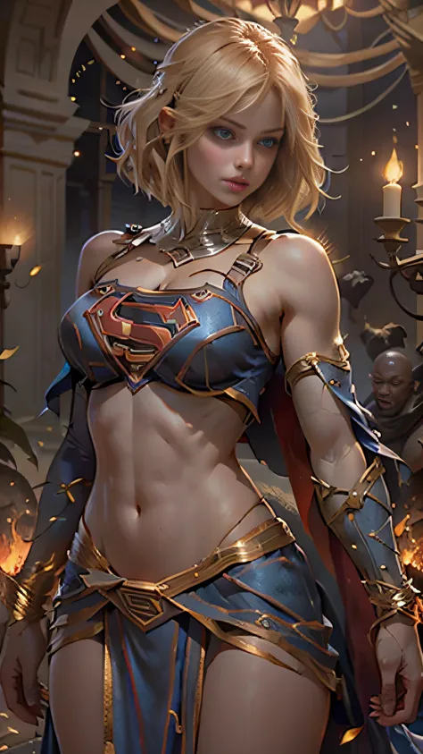 beautiful woman short hair defined body big breasts, blue color eyes, dressed supergirl cosplay.