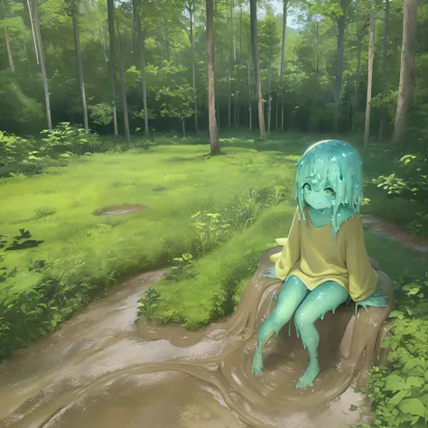 1girll, solo, no clothes,slime girl, mud ground \(substance\), blue skin, (green hair:1.2), , sitting, outdoors, forest, view th...