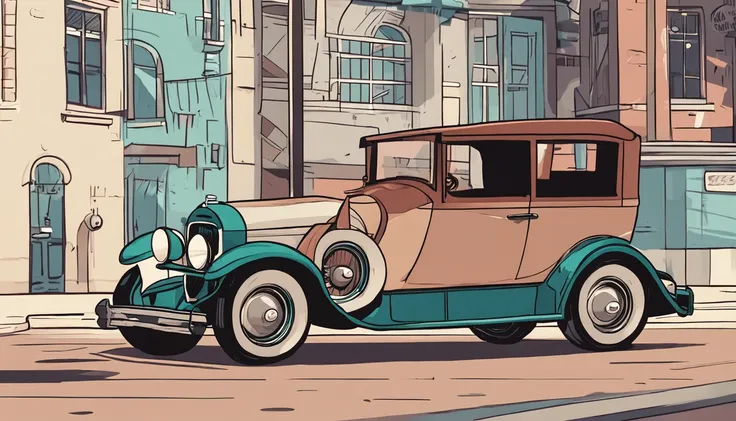 there is a cartoon old car retro futuristic parked on the side of the road, 1929, 1 9 2 8, vintage car, 1 9 3 1, 1 9 2 5, 1925, vintage cars, 1 9 3 0, 1930, 1 9 2 7, 1 9 2 4, 1924, a wide full shot.  illustration. realist. 2d. mega man game style.