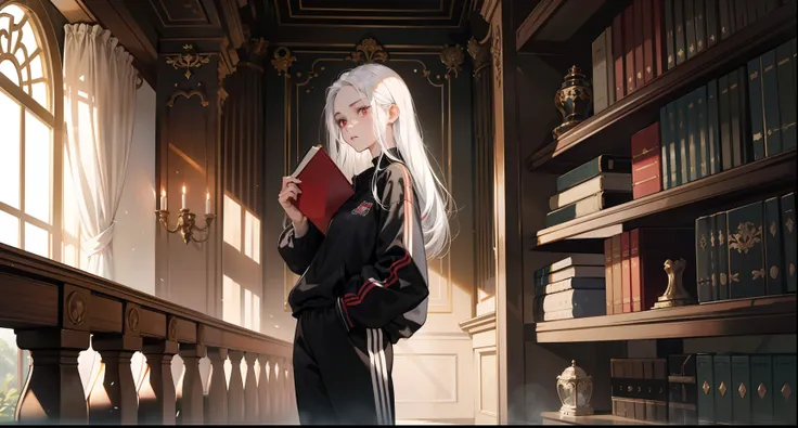 A teenage girl，Royal sister style，Indifferent expression，White hair，Wear black tracksuits，No bangs，Forehead exposed，Red eyes，Eyes look at the book，The eyes do not look directly at the audience，Side face close-up，standing，Remove the book from the shelf，In t...