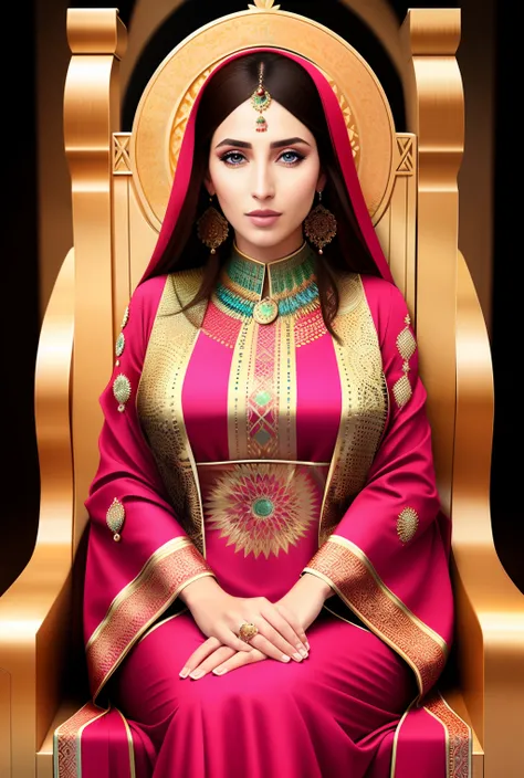 Moroccan caftan outfit sitting in moroccan kingdom throne hyper realistic super detailed face portrait zoom sexy face sexy eyes glowing eyes full dress outfit