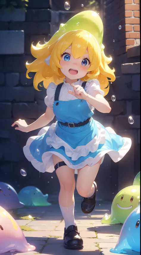 ( in 8K,16 K, awardwinning, Best Quality), high detal, Super Detail,  Anatomically correct, hight resolution, (mastserpiece: 1.3),(1girl in:1.3) ,(Girl in an apron carrying slime: 1.8), (Running with a flustered expression: 1.3),(Puyo Puyo or Tetris: 1.3),...