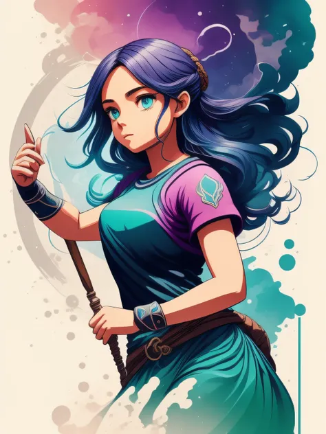 uma menina elfa jogando, Arte da camiseta 2D, RPG, medieval, futurista, epic illustration, vetor, 2d illustration, fundo preto, muito colorido, cores modernas full gradient, concentrado, Front view