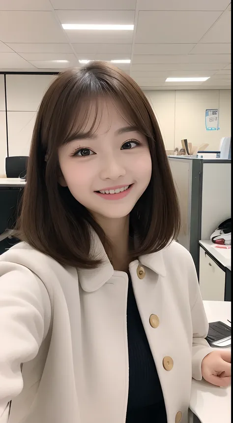 (Best Picture Quality，8K，tmasterpiece)+(adolable+prette)The girl wears a white coat, Double eyelid smile, Face the camera in the middle of the office, random hair style