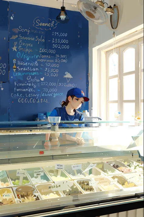 arafed woman behind a counter of ice cream in a store, at the counter, krystal, ice cream on the side, cuba, on a sunny day, war...