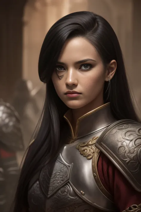 forehead mark, bandage over one eye, eyeball, tsurime, crazy, heavy breathing, hair over shoulder, black hair, Hyperrealism, masterpiece, award winning, 4K,Military general,Longsword,battle field,s Armor,a beautiful detailed girl, extremely detailed eye an...