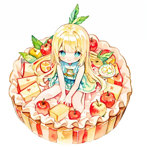 PastelColors:1.5)、(Cute illustration:1.5)、(watercolor paiting:1.2)、Light blue background、girl with、full body Esbian、A smile、Stranger、Pale yellow all over、Moya、marble、colourfull、jello、apple、Cutting apples、Uncut apples、blonde  hair、blue eyess、apple pie、a lit...