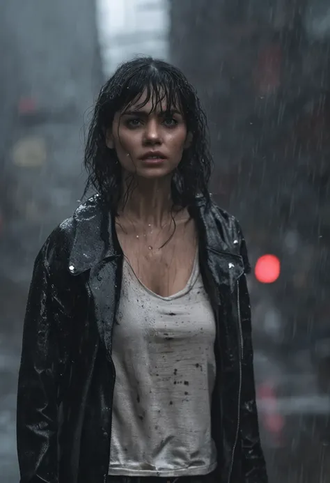 8K, masterpiece, best quality, ultra-detailed, photorealistic, realistic, Extremely detailed face, film lighting, cinematic lighting, ray tracking, illustration, disheveled hair, On a cloudy street, Fog and heavy rain, a girl with black hair and black eyes...