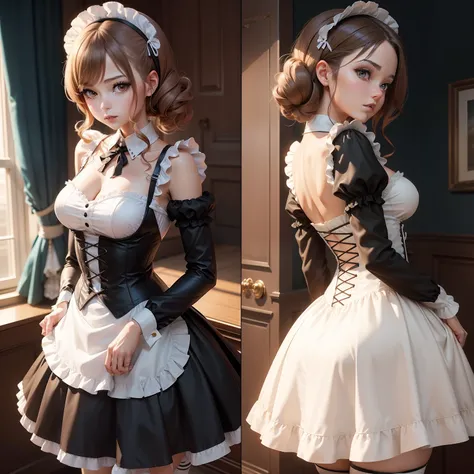 Anime maid, anime girl in maid outfit, tight maid dress, corseted, narrow waist, high heels