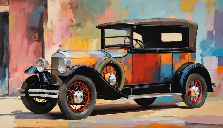 there is a cartoon old car retro futuristic parked on the side of the road, 1929, 1 9 2 8, vintage car, 1 9 3 1, 1 9 2 5, 1925, vintage cars, 1 9 3 0, 1930, 1 9 2 7, 1 9 2 4, 1924, a wide full shot.  illustration. realist. 2d. mega man game style.