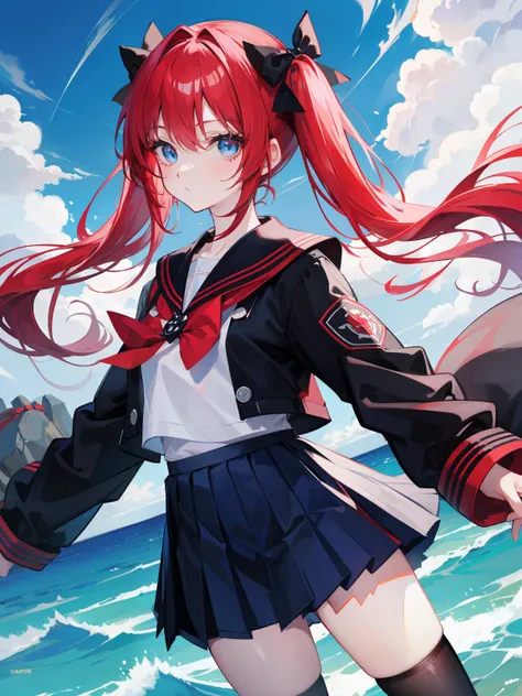 red hair, blue eyes, twintails, Sailor suit,black coat, Pleated skirt,solo,loli,cute,bow