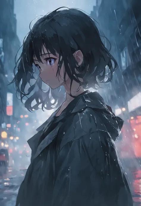 8K, masterpiece, best quality, ultra-detailed, photorealistic, realistic, Extremely detailed face, film lighting, cinematic lighting, ray tracking, illustration, disheveled hair, On a cloudy street, Fog and heavy rain, a girl with black hair and black eyes...