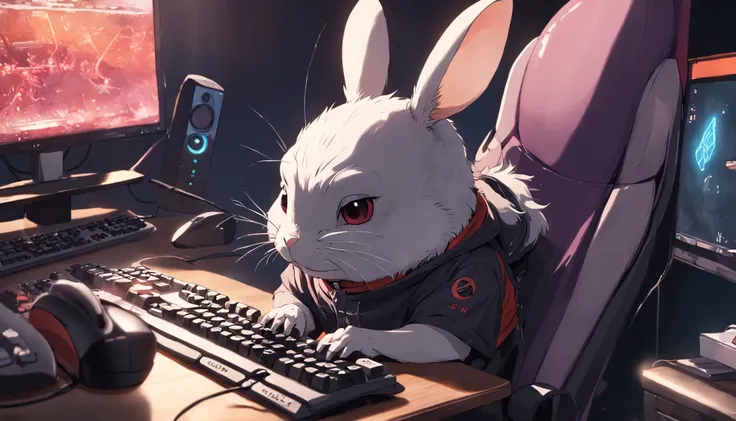 A chinchilla，sit on chair，One hand keyboard，Mouse with the other hand，Looking at the PC