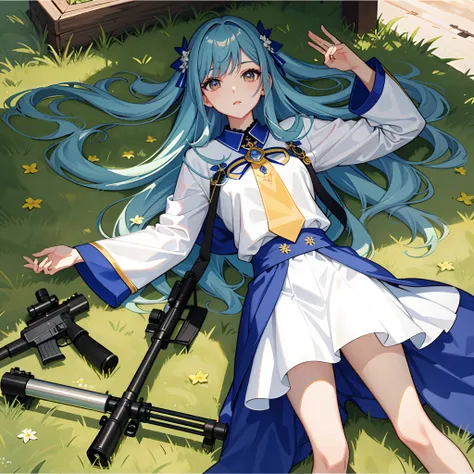 (tmasterpiece、Top quality、best qualtiy、Beauty and aesthetics、1.2)，1girll，plethora of colors，sniper，M99 semi-automatic sniper rifle，Hidden in the grass，Lying down position，Lie prone on the ground，All eyes and ears