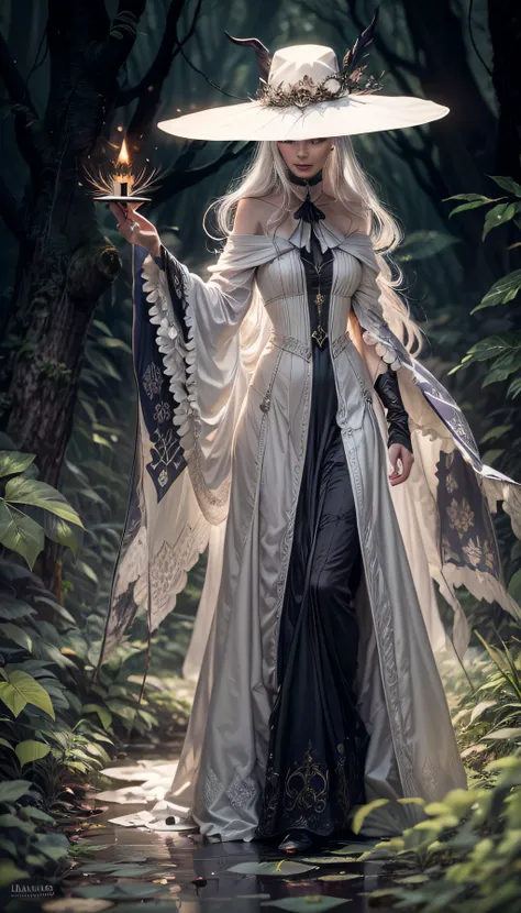 dimly lit, soul card, line, full shot (front view), classic white witch walking through the deep forest, wide hat, (dark night:1...