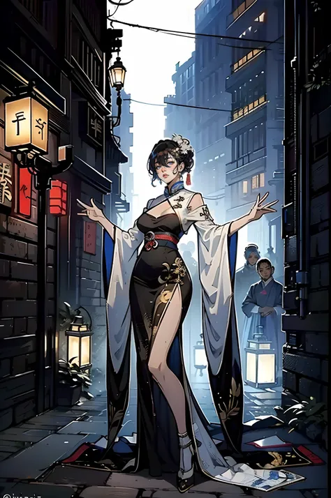 Doctor close-up, Has a glowing five-star rating, Their names, Photo, and the city in the background.，Large bust，rimless eyewears，Slim figure，Cute girl，Full body like，Hanfu，komono，Ancient Chinese streets，Dirty dark streets，