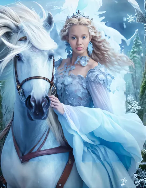 There is a woman in a blue dress mounted on a white horse, Emma Watson como a Rainha do Gelo, Margot Robbie como uma fada, Magali Villeneuve», inspirado em Magali Villeneuve, Rainha do gelo e da tempestade, Elsa bonita, Princesa do gelo, Elsa, fantasia bon...