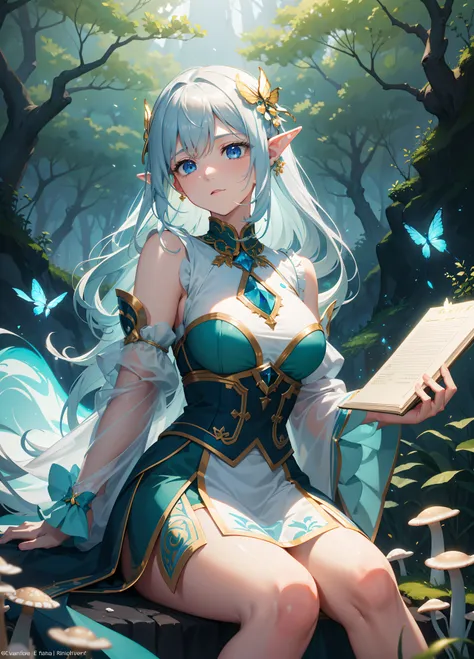 masterpiece, best quality, detailed, delicate, 8K, 1elf with white hair and blue eyes (sitting) in a (dark forest) with (mushrooms, moss, butterfly, flowers), (beautiful detailed eyes) (steal flowing dress with gold accents), [shiny flowers] [ethereal atmo...