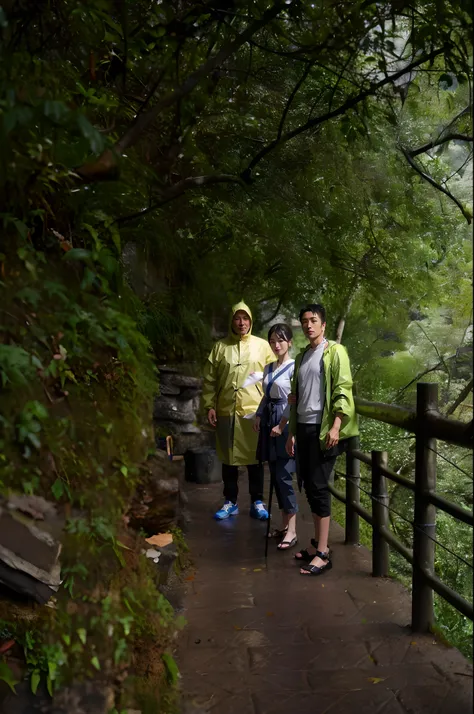 climbing mountain，rained，raincoat，Wear traditional clothing，ssmile，real photograph，（tmasterpiece：1.3），超高分辨率，8K，Works of masters，Nikon D850 shot，