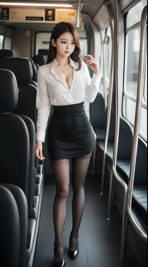 Alla feeds woman sitting on bus, graceful legs, slender legs, thighs and skirt, long legs, standing on the bus, very beautiful slim legs, very nice long legs, office clothes, beautiful legs, good buttocks and long legs, beautiful legs, (pantyhose), surreal...