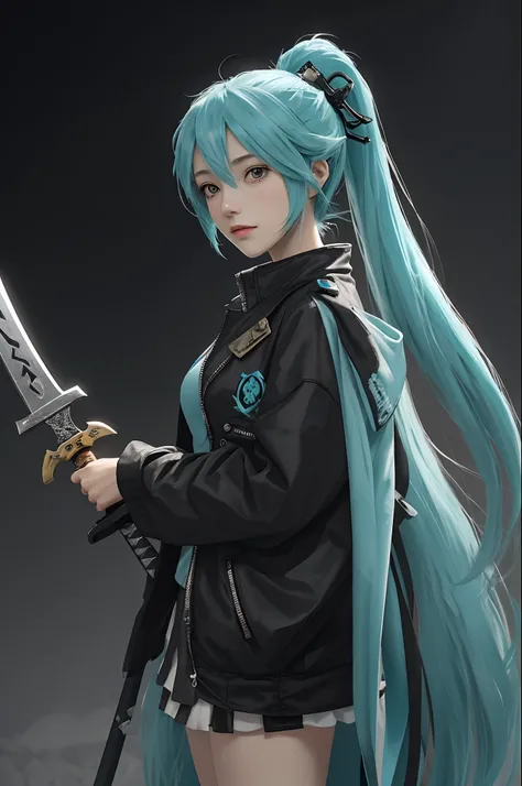 a close up of a person with a scythe holding a sword, concept art by Kamagurka, pixiv contest winner, shin hanga, mikudayo, Os amigos, From Arknights, Hatsune Miku, white cyan, live2d virtual youtuber model, hatsune miku in warhammer 40k, official characte...