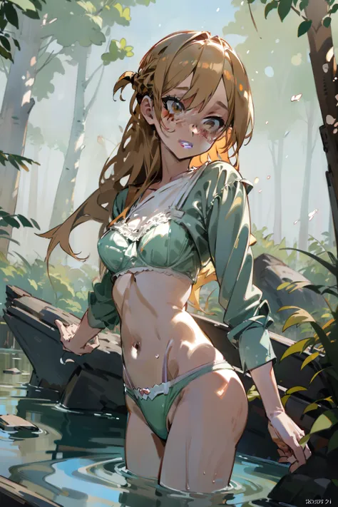 sfw,Girl with blonde hair and freckles,Girl swiming In The forests river,1girl in,Blonde hair,Side tail,offcial art,Unity 8k,ultra-detailliert,Beautiful and aesthetic,masutepiece,top-quality,dynamic ungle,cowboyshot,Timost Beautiful Chaos Formo,Elegant,Abr...