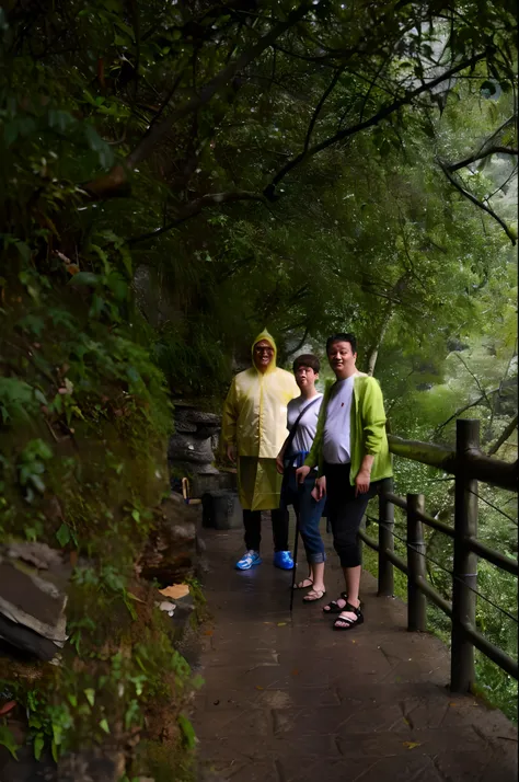 climbing mountain，rained，raincoat，Wear traditional clothing，ssmile，real photograph，（tmasterpiece：1.3），超高分辨率，8K，Works of masters，Nikon D850 shot，