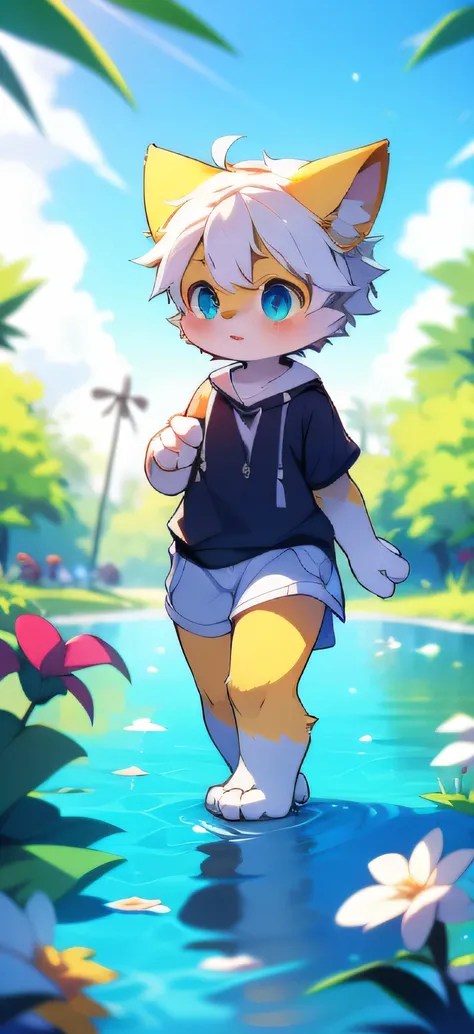 Yellow-haired barefoot Xiao Shota walking in the sea of flowers，(Light yellow fur， Detailed fur， Cyan eyes， White hair），adolable