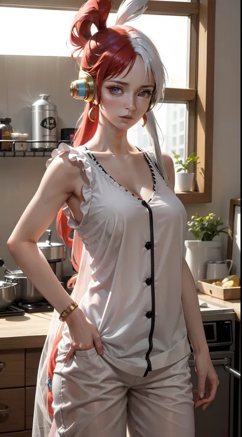 utta from anime one piece, long hair, red hair on the left, white hair on the right, wears head phone, wears mascara, ponytail, perfect body, perfect breasts, beautiful woman, very beautiful, wears white pajamas, nightgown, pajamas, wearing a watch wearing...