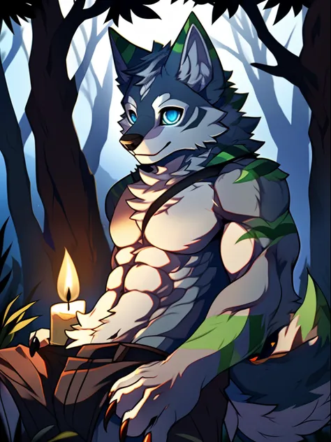 Solo, Male, (Muscular), (male anthro wolf):1.3, White body, White belly, (Detailed eyes, blue color eyes, gray colored skin，Green stripes，Sharp claws，Cute beast claws，glowing light eyes):1.1, (exteriors:1.35), ln the forest, waxy candles, the night，detaile...