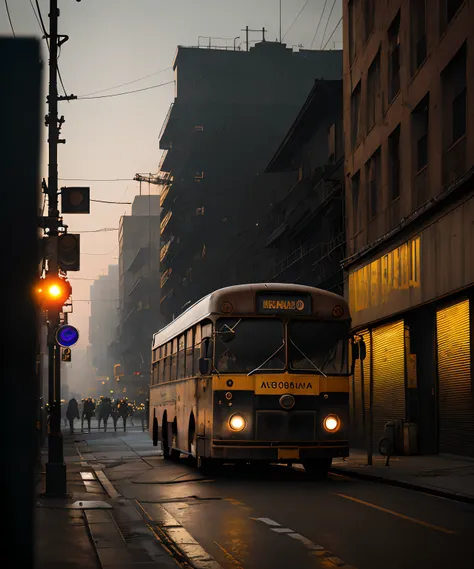 Keanu Reeves dark photo: sitting next to an old bus, realistic epic, portrait, eyes of Atey Ghailan, Greg Rutkowski, Greg Tocchini, James Gilleard, Joe Fenton, Kaethe Butcher, yellow gradient, black, brown and magenta color scheme, grunge aesthetic!!! Graf...