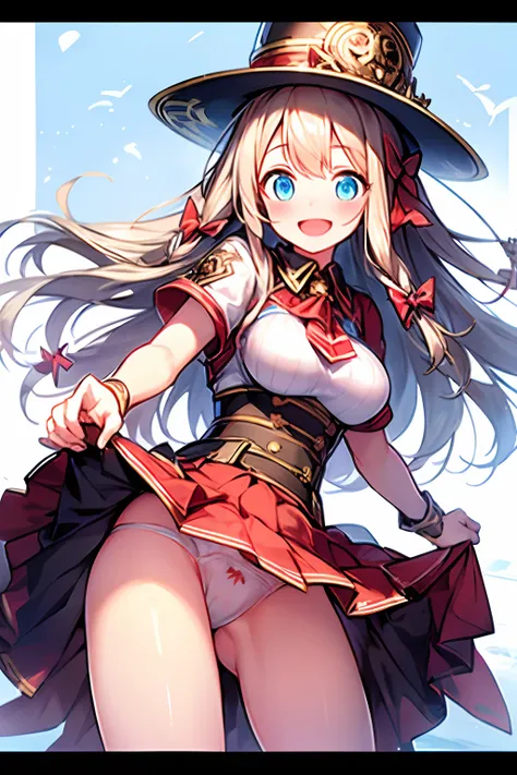 Masterpiece, best quality, yukka uniform, Yukka Ende, blush, smile, crotch close up, open mouth, red dirndle, red silk hat, outside, sky, day, ocean, red small hair bows, blue eyes, 1girl, solo, red skirt, skirt lift, white panties, crotch seam, cameltoe, ...