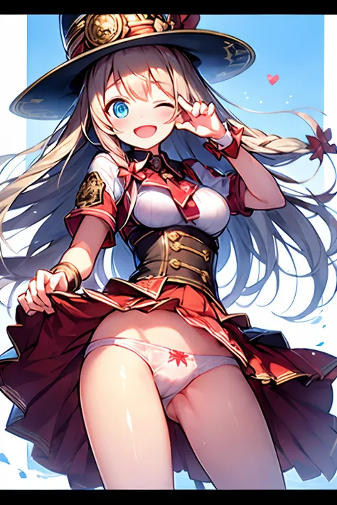 Masterpiece, best quality, yukka uniform, Yukka Ende, blush, smile, crotch close up, open mouth, red dirndle, red silk hat, outside, sky, day, ocean, red small hair bows, blue eyes, 1girl, solo, red skirt, skirt lift, white panties, crotch seam, cameltoe, ...