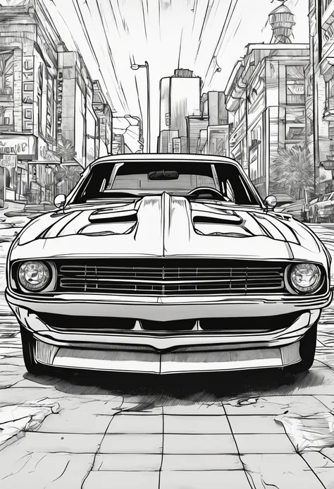 car illustration for coloring, with a white background, bold, outline style, no shadow, no details, hyper realistic style,best quality, no GRAY, coloring book, BLACK LINES,11,000-HP Dodge Hellcat Drag Racer