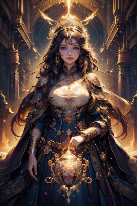 (masterpiece, top quality, best quality, official art, beautiful and aesthetic:1.2), (1girl), cute, smirky smile, adorable eyes, extreme detailed,(fractal art:1.3),colorful,highest detailed, royal, princess, crown, castle