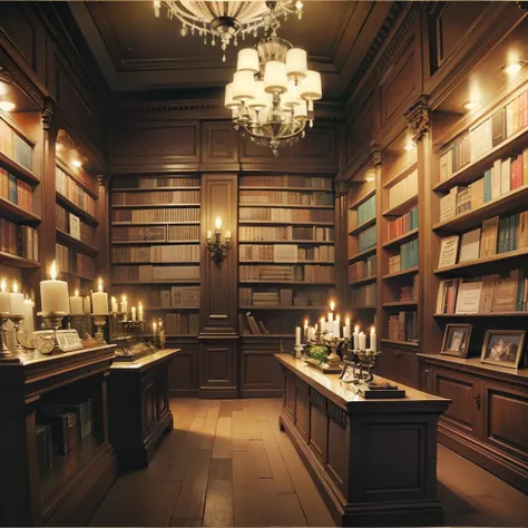 Interior of a pharmacy from the 18th century, highly refined and luxurious, brightly lit with external light, shelves with glass bottles of medicine, a large counter, some books, lit candles, a darkened and gloomy background, painted in the style of the pa...