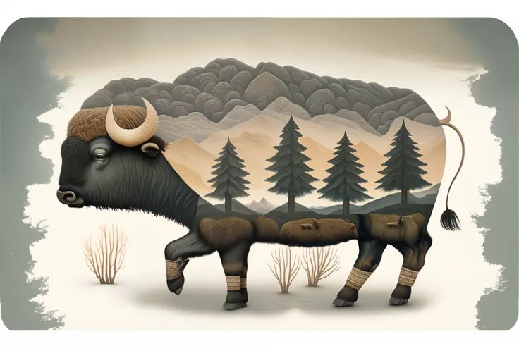 there is a buffalo with a mountain scene on its back, inspired by Giuseppe Bernardino Bison, by Adam Paquette, by Clément Serveau, surreal hybrid animals, by Tim Biskup, bison god, by Andrew Stevovich, jane newland, by Justin Gerard, by Kyle Lambert, by Ja...