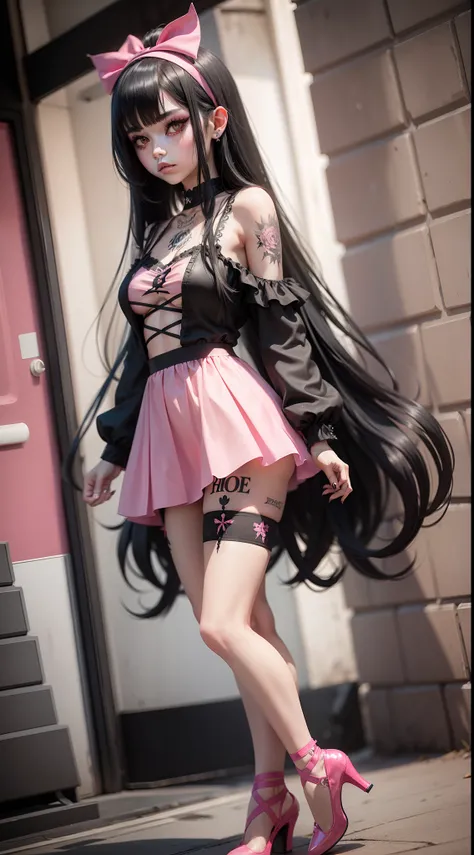 Emo girl with long black hair and heavy black make-up and tattoos in a cute pink ballerina outfit, full body