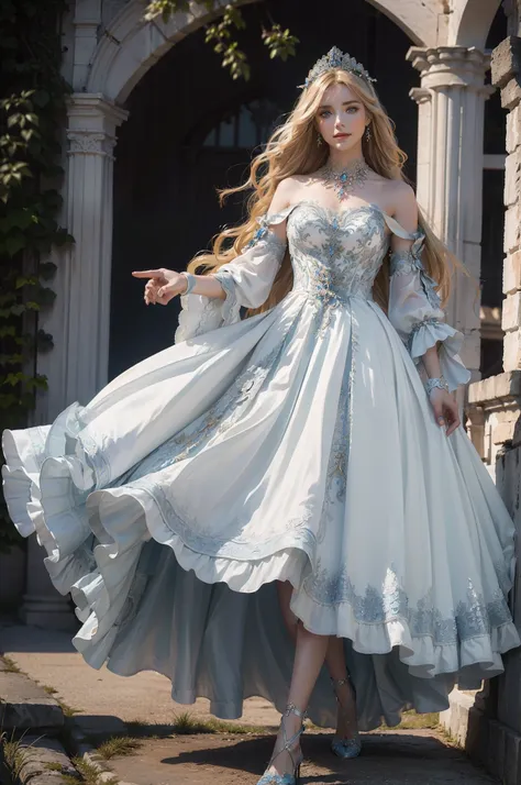 ((top-quality、​masterpiece、photographrealistic:1.4、in 8K))、Beautuful Women、18year old、Beautiful expression、a blond、extremely detailed eye and face、beatiful detailed eyes、Formal Gloves、（Luxury dress with blue embroidery on white background、Headdress in the ...