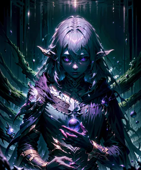 male drow druid, with dark purple skin, holding an orb, dark forest background, dark lighting, elf sparkle