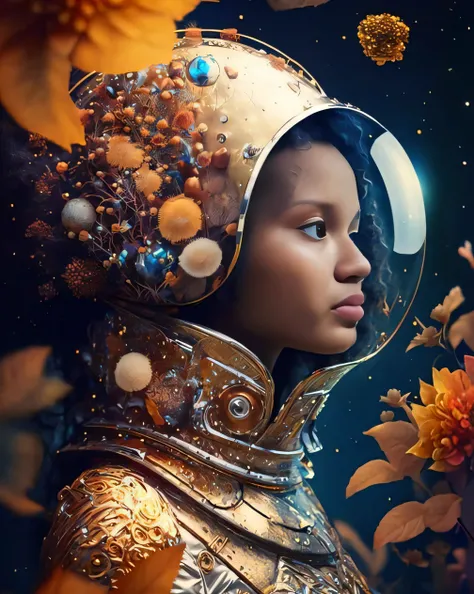 um close up de uma mulher em um traje espacial com flores, afrofuturismo, bela arte digital, girl in space, estilo afrofuturismoo, stunning digital illustration, Retrato Armored Astronauta Menina, arte fantasia behance, retrato bonito da arte da fantasia, ...