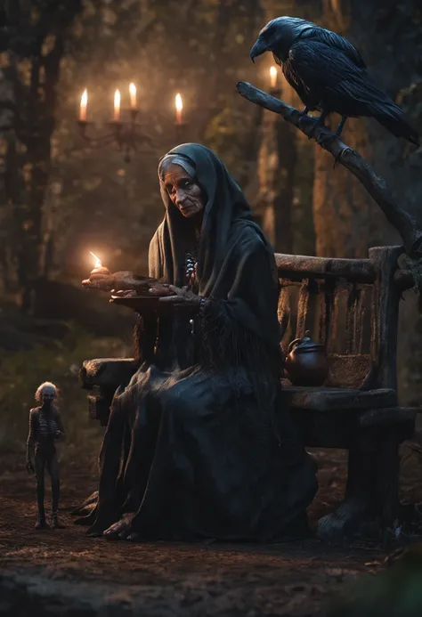 A shriveled old witch sits on a Kadilau bench in the background，She was holding a Soniste crow， Witch Old Woman, tmasterpiece，best qualtiy，Forcing Allah righteousness，Realist School Details，ultra - detailed， 16k，high definition resolution，Epic dark fantasy...